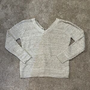 Vanity Cream V-Neck Sweater with Textured Knit and‎ Tie String Back